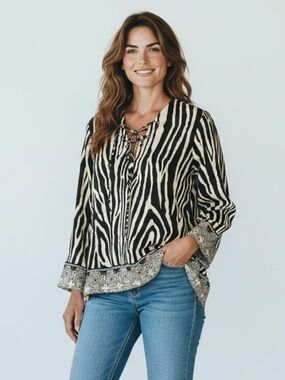 Kaktus Zebra Print Lace Up Tunic Blouse Black Natural NWT Size M